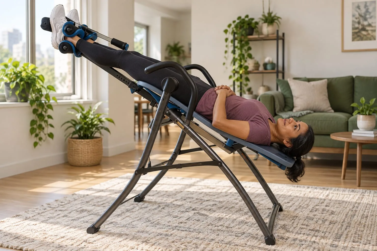 A woman lying on an inversion table tilted back at a moderate angle in a bright living room, her ankles locked in the padded holders